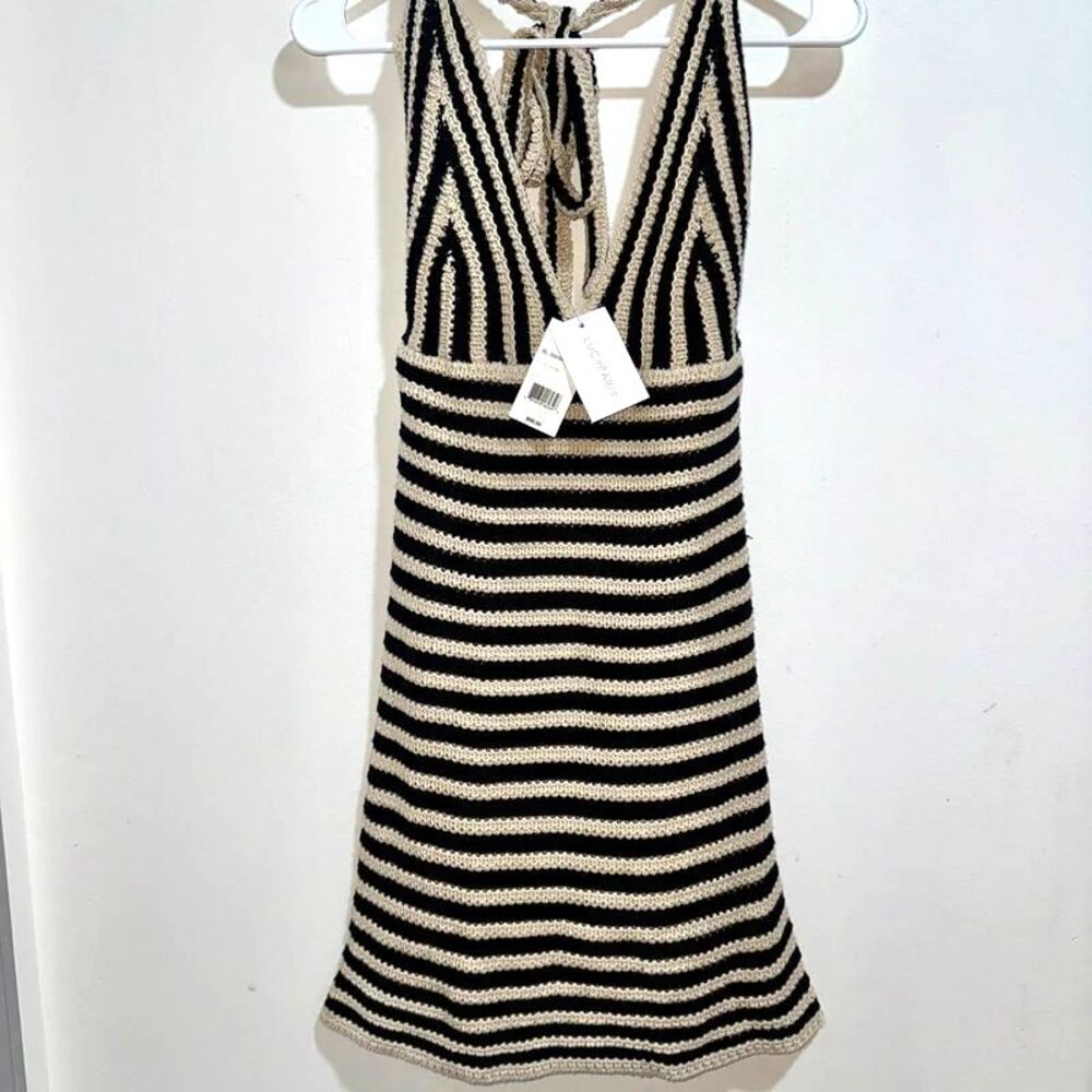 NWT Lucy Paris BoHo Resortwear Crochet Halter Mini Dress Striped Black Beige